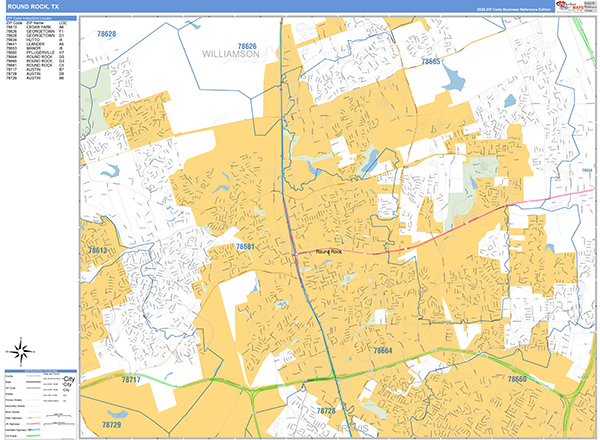 Round Rock Zip Code Wall Map